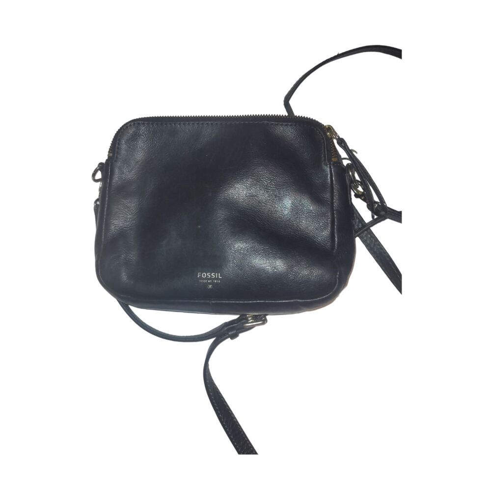 Fossil Black Leather Crossbody Bag Small Zip Shoulder Purse